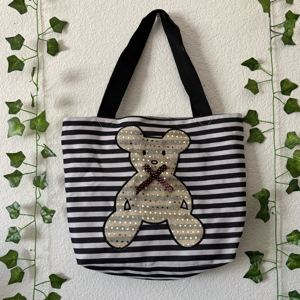 Teddy Bear Striped Polka Dot Zipper Pocket Tote Bag Black and White